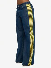 SUMWON WOMEN Linen Cotton Wide Leg High Rise Tape Stripe Detail Vintage Style Denim Jeans For Festival Streetwear Casual Outfits