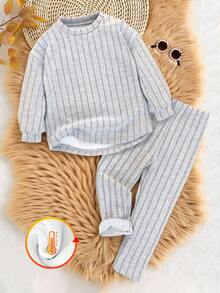 Completo di maglietta a maniche corte con spalle scoperte e orlo curvo e leggings a costine, set termico imbottito per autunno/inverno, comodo e caldo per uso interno ed esterno per ragazze