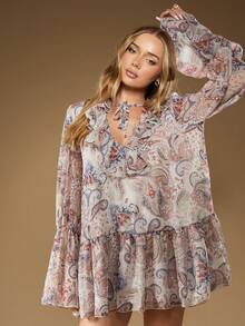 MISSGUIDED 飘逸荷叶边领口雪纺迷你连衣裙佩斯利印花喇叭袖秋冬波西米亚风节日婚礼宾客派对场合服装 - 白色 - 查看 6