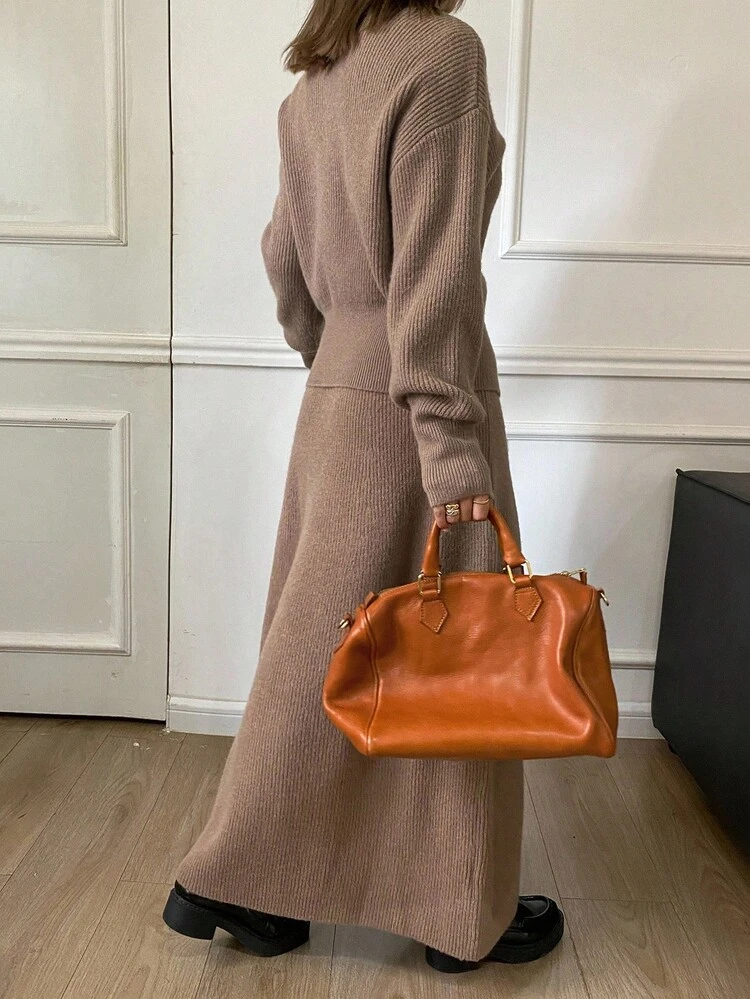 Women's Casual Solid Color Round Neck Cardigan And Skirt 2 Pieces Set, Autumn