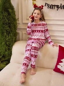 بيجامات بناتية بياقة طاقم وأكمام طويلة مطبوعة بطبعة عيد الميلاد الأيرلندية الوردية - وردي - مشاهدة 1