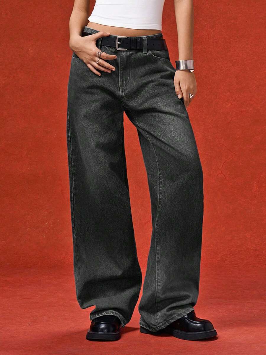 LYSMO Quần jean ống đứng dáng rộng màu trơn thường ngày có đai thắt lưng cho nữ - màu đen - Xem 1