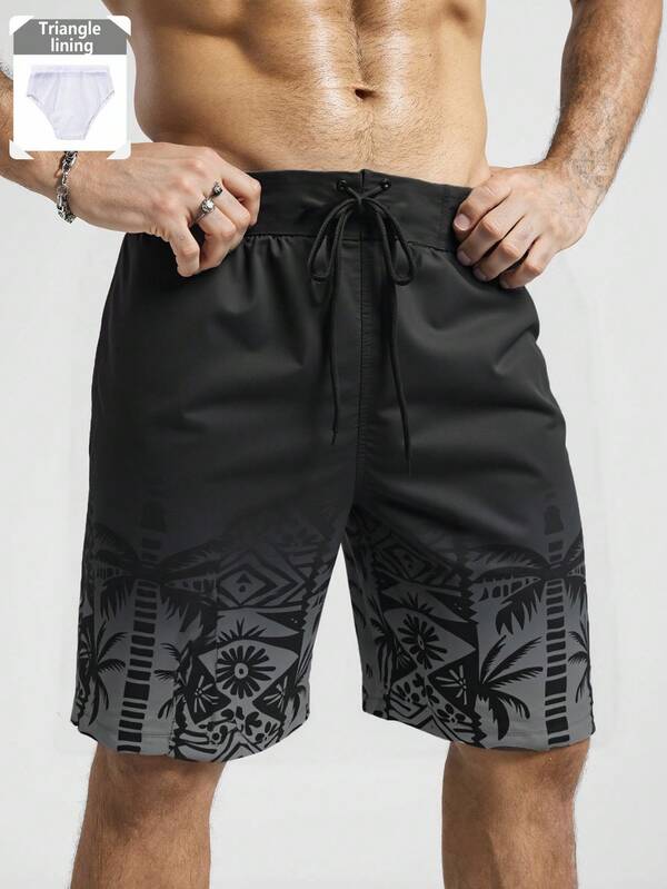 Manfinity KASUA Shorts de playa con cordón en la cintura y estampado de palmeras para hombres talla grande, estilo hawaiano