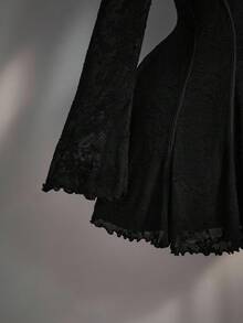 SHEIN ICON Váy cổ tim tay kèn dệt kim Jacquard cổ điển Y2k cỡ lớn dành cho nữ, thích hợp cho hẹn hò, đi chơi, ngày lễ tình nhân, váy suông, trang phục đi nghỉ theo phong cách Bohemian - màu đen - Xem 6