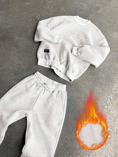 Manfinity EMRG Conjunto de chándal casual de hombre con sudadera de manga larga con gráfico de letras y pantalones de felpa, conjunto de 2 piezas, ropa de otoño e invierno