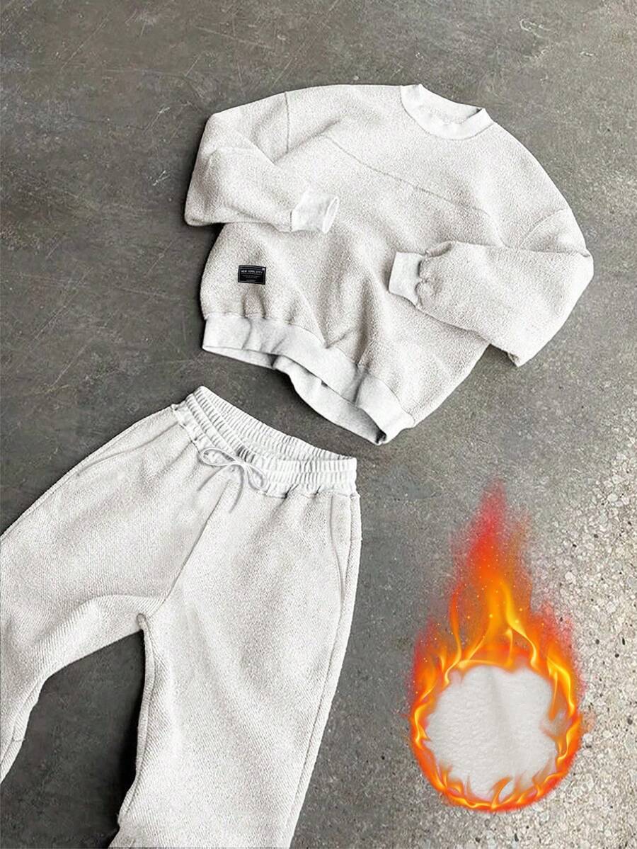 Manfinity EMRG 男士羊毛字母图案长袖运动衫和裤子休闲运动服套装男士两件套运动服男士两件套服装白色男士羊毛运动服白色运动服男士男士套装，秋装冬季 - 白色 - 查看 1