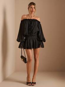 SHEIN BAE 女式黑色露肩喇叭袖荷叶边下摆连衣裙、黑色迷你连衣裙、早午餐装、秋季连衣裙、鸡尾酒会连衣裙、俱乐部连衣裙、优雅连衣裙 - 黑色 - 查看 3