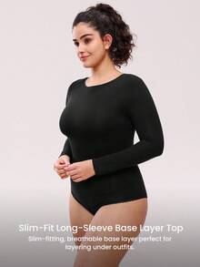 LUVLETTE Plus Dream Curve 2ndSkin Super Soft Women's Basic Black Crew Neck Long-Sleeve Base Layer Top Max Stretch Thermal-Balance Base Layer Long-Sleeve Top Pajama Lingerie As Outerwear