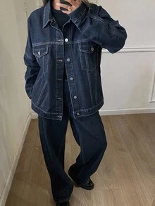 Livesso 女士休闲翻领宽松上衣和阔腿牛仔裤套装，秋季 - 藍色 - 查看 3