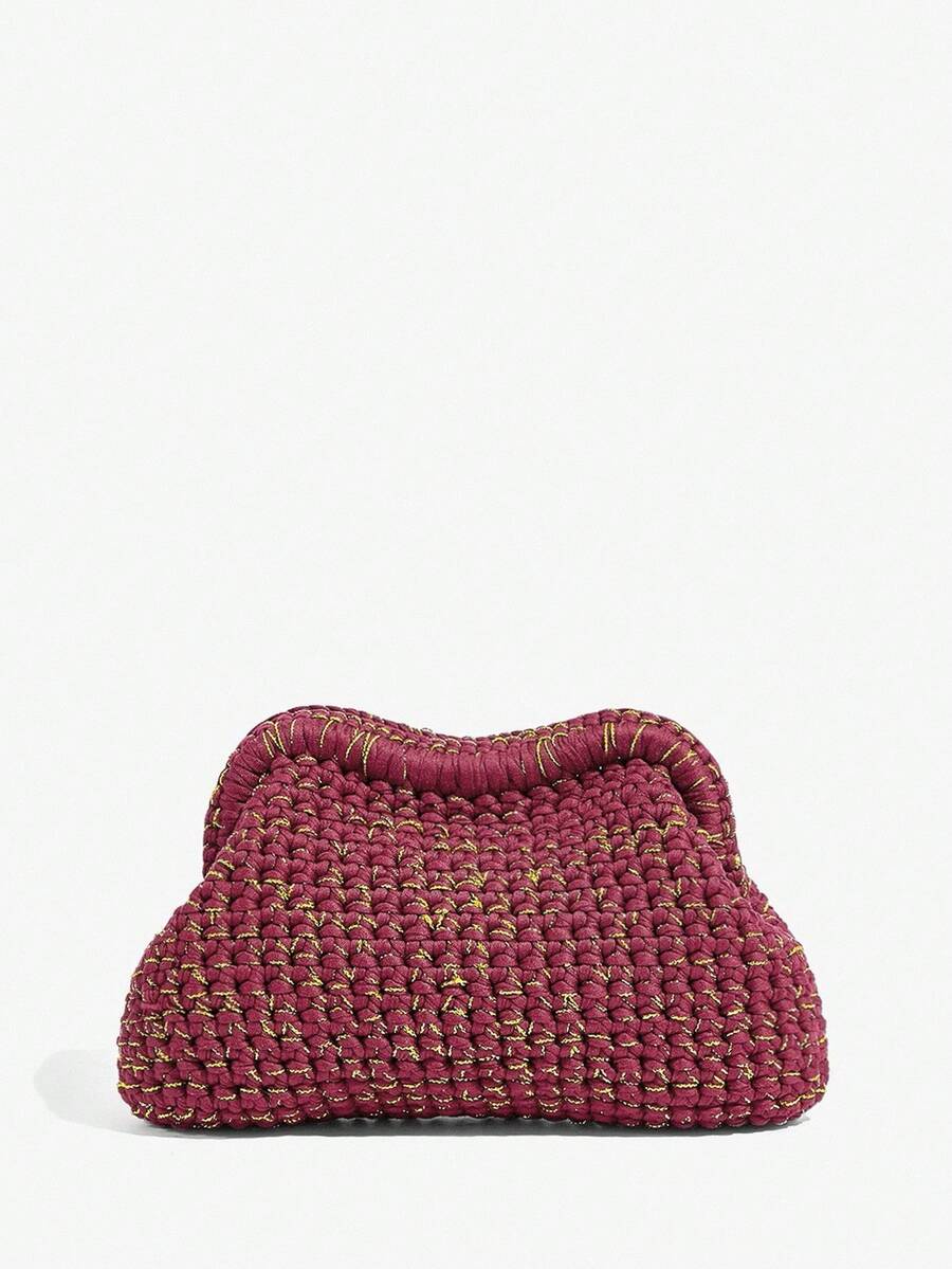 SHEIN SXY 女士，女式手拿包，钩针编织包，橙色和金色，时尚，优雅，简约，个性化，多功能，经典，适合约会，日常，购物，下午茶，海滩，度假，节日，夏季，海边 - 酒紅色 - 查看 1