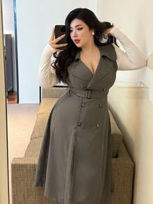 Flirla Plus Size Casual Commuter Solid Color Double-Breasted Sleeveless Windbreaker Winter Fall Autumn