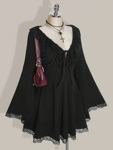 SHEIN ICON 加大码 V 领前系带蝴蝶结荷叶边蕾丝花边喇叭袖收腰 A 字公主裙、蕾丝拼布中长裙、Y2K 复古甜美连衣裙 - 黑色 - 查看 4