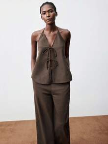 Maija Coffee Brown,Summer,Chic,Vacation,Holiday Women Backless Crop Top & High Waisted Wide Leg Pants Matching Set,Urban Minimalist Old Money Party Outfit - Brown - View 8