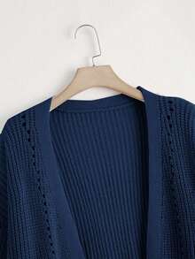 SHEIN CURVE+ 大码女式纯色V领长袖中长款休闲通勤针织开衫，秋冬 - 寶藍色 - 查看 4