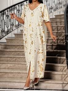 SHEIN Lady 春夏秋冬优雅派对通勤办公室彩色编织缺口舞会礼服短袖卡夫坦连衣裙大码连衣裙 - 彩色 - 查看 7