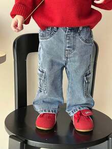 SHEIN Baby Boy Fashion Vintage Cool Blue Denim Loose Cargo Pants Fall Winter,For Baby Fall/Winter Dailywear Costume,Boys Streetwear Outfits,Halloween Outfits,Christmas Outfits,Winter Jeans,Toddler Jeans,Warm Jeans - Medium Wash - View 6