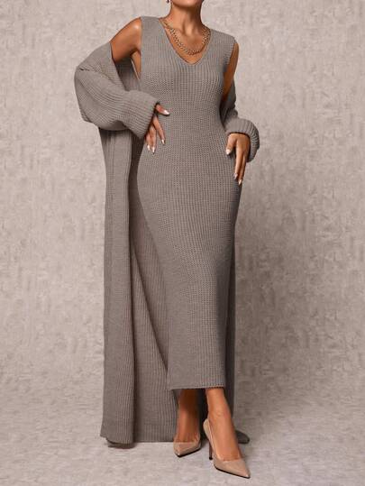 EURMUSE Women's Oversized Drop Shoulder Knitted Sweater Dress & Cardigan Two Pieces Set