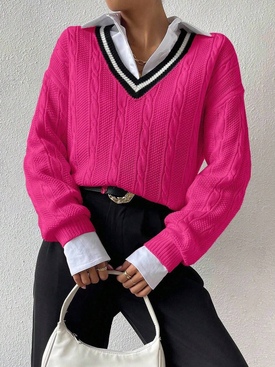Chiquease Áo len cổ trễ vai màu tương phản thường ngày, Thu/Đông - Màu Hồng Tươi - Xem 1
