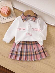 SHEIN 2 件女婴领口字母刺绣运动衫 + 格子百褶裙可爱套装，甜美韩式休闲百搭套头长袖运动衫，前襟纽扣搭配松紧腰格子迷你裙，适合秋冬日常外出或旅行度假、圣诞节 - 彩色 - 查看 1