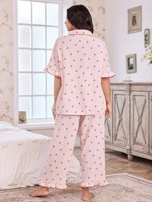 CottageSlumber Plus Size Women Cherry Plaid Print Pocket Ruffle Trim Short Sleeve Pajama Set, Spring/Summer/Autumn - Multicolor - View 3
