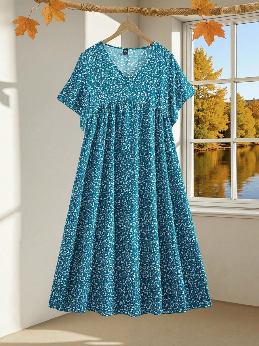 EMERY ROSE Große Größen Kurzarm Lässig Kleid, modisch und geeignet für den täglichen Gebrauch, Frühlingsoutfits für Frauen, Westernmode für Frauen, Tropischer Urlaubskleidung für Frauen - Grün - Übersicht 1