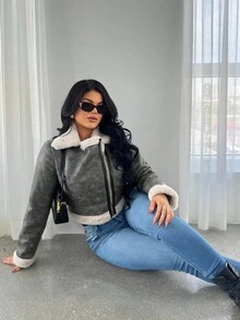 SHEIN SXY Women's Autumn/Winter Faux Thermal Lined Casual Jacket, European And American Design, Fashion Lapel Motorcycle Jacket