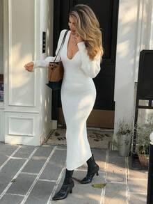 Livesso 女式 V 领长袖收腰长款针织毛衣裙，秋季 - 白色 - 查看 6