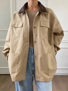 Livesso Damen Lässige Patchwork Kragen Knopfverschluss Mehrtasche Loose Jacke, Herbst Damen Mäntel