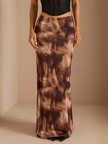 SHEIN BAE 女士中腰棕色扎染印花网眼裙，适合婚礼、万圣节、夜间外出、活动、节日，优雅女士裙，棕色裙子 - 棕色 - 查看 5