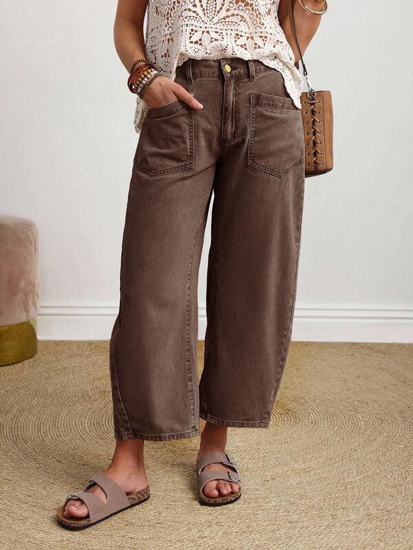 SHEIN PETITE Women's Casual Wide Leg Straight Button Pocket Jeans