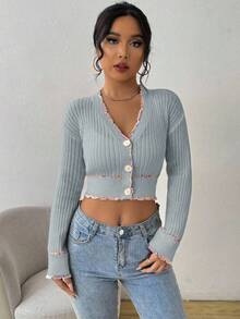 SHEIN LUNE 女士优雅撞色饰边短款开衫 - 青碧色 - 查看 3