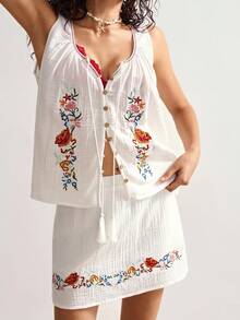 Bohemela Bộ 2 món áo hai dây dệt rộng rãi màu trơn và chân váy mini cho nữ - Màu be - Xem 1