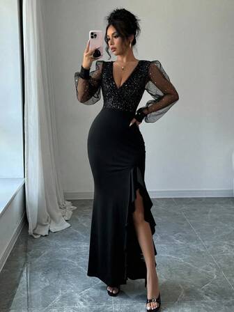 Rafferiza 优雅性感 V 领高腰开衩连衣裙，亮片拼接弹力针织，黑色，适合派对、日常约会、聚会和冬季超长女装