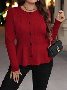 SHEIN LUNE 秋季大码女式纯色长袖单排扣休闲针织开衫 - 紅色 - 查看 5