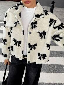 Chiquease Áo khoác lông cừu Teddy nơ kiểu Pháp dành cho nữ - Màu be - Xem 3