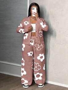 EURMUSE Women Floral Pattern Long Sleeve Single-Breasted Knitted Cardigan And Knitted Pants Casual Suit, Autumn/Winter - Multicolor - View 7