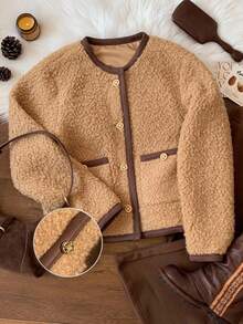 SHEIN EZwear 女士长袖单排扣泰迪羊毛时尚夹克，适合秋冬季派对/约会 - 杏色 - 查看 2