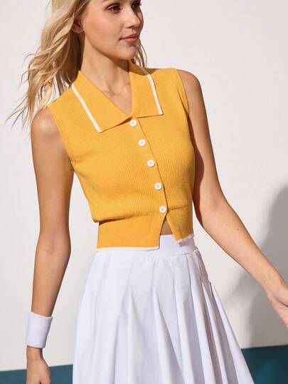 CourtClass 女式撞色常规款无袖 Polo 领针织毛衣 黄色领口上衣 黄色网球上衣 黄色无袖上衣 女式网球上衣 黄色罗纹上衣