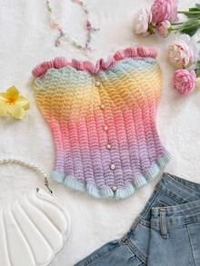 Soleia 渐变色荷叶边针织露肩短款上衣，舒适度假/音乐节/波西米亚/节日风格，适合约会，情人节下午茶 - 彩色 - 查看 4