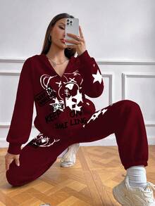 StreetHx 2pcs/Set Bear & Star Print Hooded Sweatshirt And Sweatpants - Burgundy - View 3