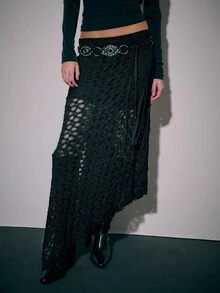 Nöista Black  Lace Skirt With A Fitted Upper Panel Semi-Sheer Geometric Lace Lower Skirt  A Subtle Flared Hem Offering A Romantic  Elegant Bohemian Look Suitable For Holiday  Winter; Perfect For Pairing With Fitted Bodysuits Silk Camisoles Or Chunky Knitwear For Parties Dates Evening Outings Summer Festivities Or Spring Guest Outfits.  Vacation Luxury Going Out  Wedding  Party    Festival  Holiday  Summer - Black - View 4