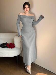 DAZY Women's Elegant Solid Color Off Shoulder 3D Flower Asymmetric Sweater & Skirt 2-Piece Set, Autumn - Grey - View 5