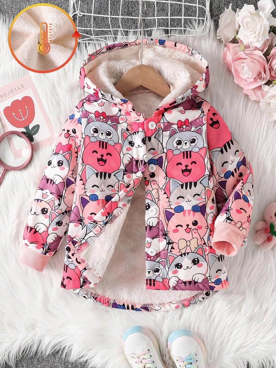 SHEIN Elladie kids 女童可愛貓咪印花輕便夾克,保暖內裡連帽外套,適合學校、戶外活動與家庭聚會,秋冬款 - 彩色 - 查看 1