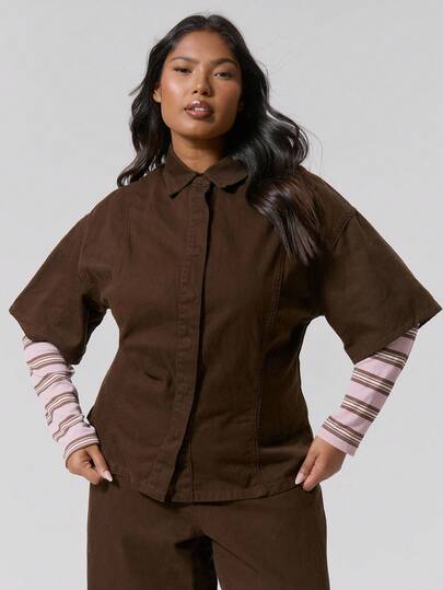 MUSERA Camisa de mezclilla de manga corta con detalles de paneles de costura y cierre de broches, talla grande, para otoño, invierno, vuelta al colegio, linda, diaria, casual, Coffee Club Curve Otoño Invierno Otoño