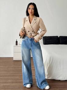 SHEIN PETITE 女士卡其色短款休闲宽松风衣，配腰带，秋季外套，秋装，适合度假、返校、冬季、感恩节等各种场合，休闲百搭。这款短款风衣休闲舒适，质感十足，是升级版，适合温暖的秋冬季节穿着。 - 卡其色 - 查看 7