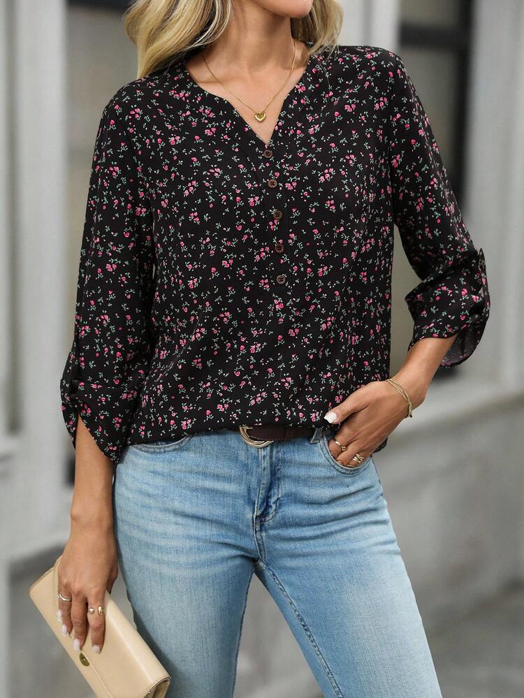 Lässiges, weites Streetwear-Hemd mit Allover-Muster und Umschlagärmeln für Damen