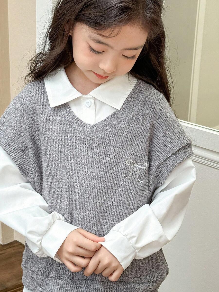 SHEIN 3pcs/Set Tween Girls Korean Style Bow Emboidery Vest And Loose Fit Shirt And Pleated Skirt, Long Sleeve Collared Shirt Set Fall Winter - Grey - View 1