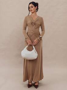 Modelyn 女式花卉装饰V领长袖扭纹设计优雅连衣裙 - 棕色 - 查看 6