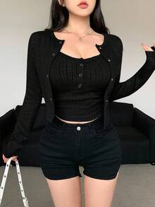 DAZY Bộ 2 áo thun dài tay cổ tròn màu trơn cho nữ - màu đen - Xem 5