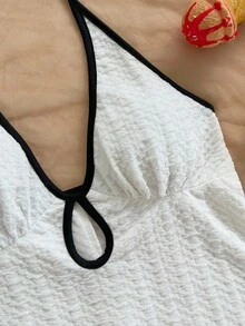 Soleia 女士休闲度假新款 V 领露背系带蝴蝶结镂空黑白撞色修身罗纹连体裤，适合派对、约会、下午茶、海滩 - 白色 - 查看 5